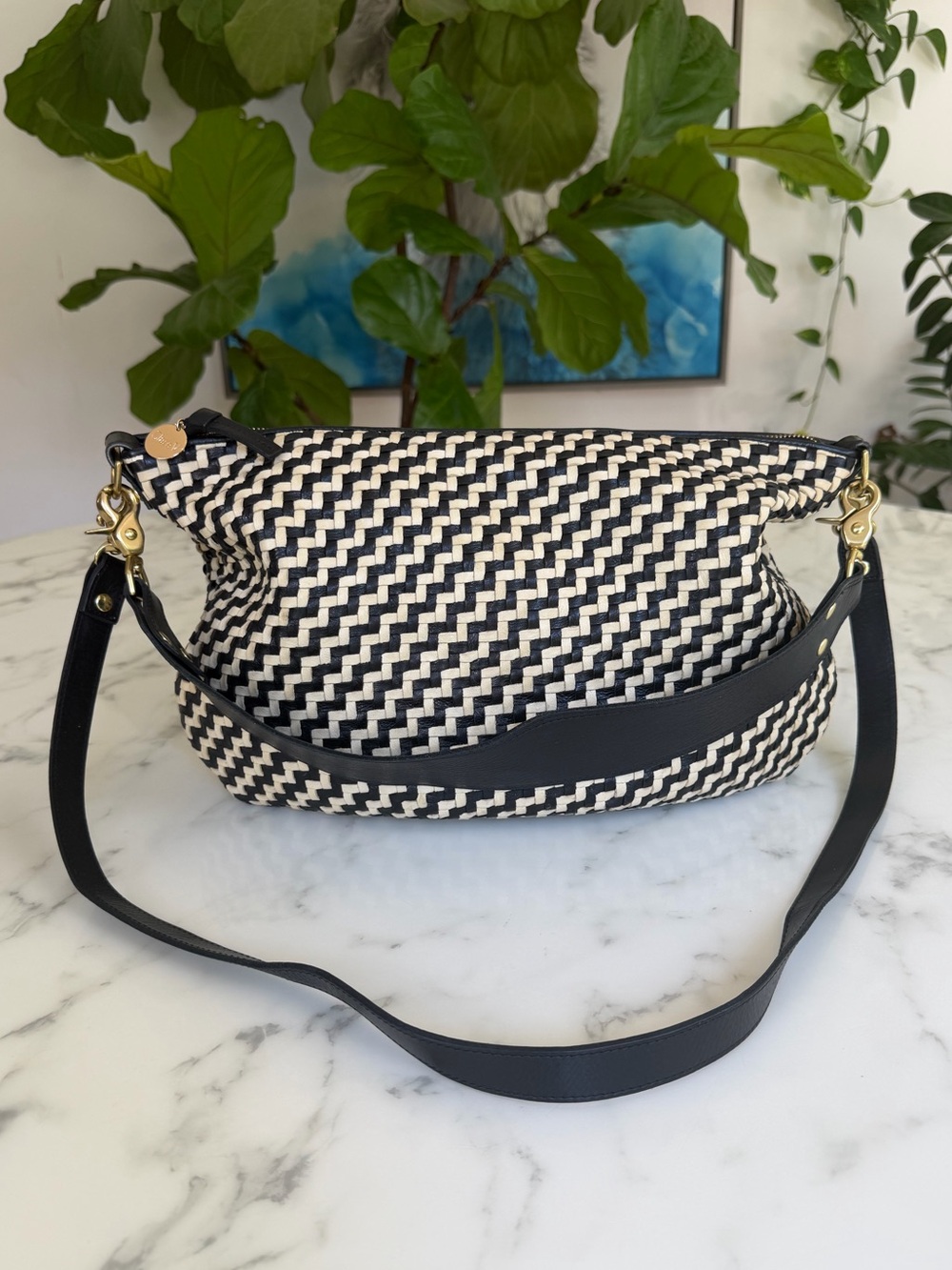 Clare V. Moyen Messenger Bag Black & Cream Woven Zig Zag Leather Crossbody - Picture 2 of 16
